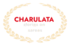 Logo design featuring the word "CHARULATA" in bold red uppercase letters, with the subtitle "stories on sarees" in light gray lowercase letters beneath it, surrounded by a decorative golden-yellow laurel wreath on a light background.