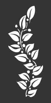 Stylized white leaf and vine stencil design on a dark gray background, featuring a vertical arrangement of leaves and small circular berries in a decorative, symmetrical pattern.